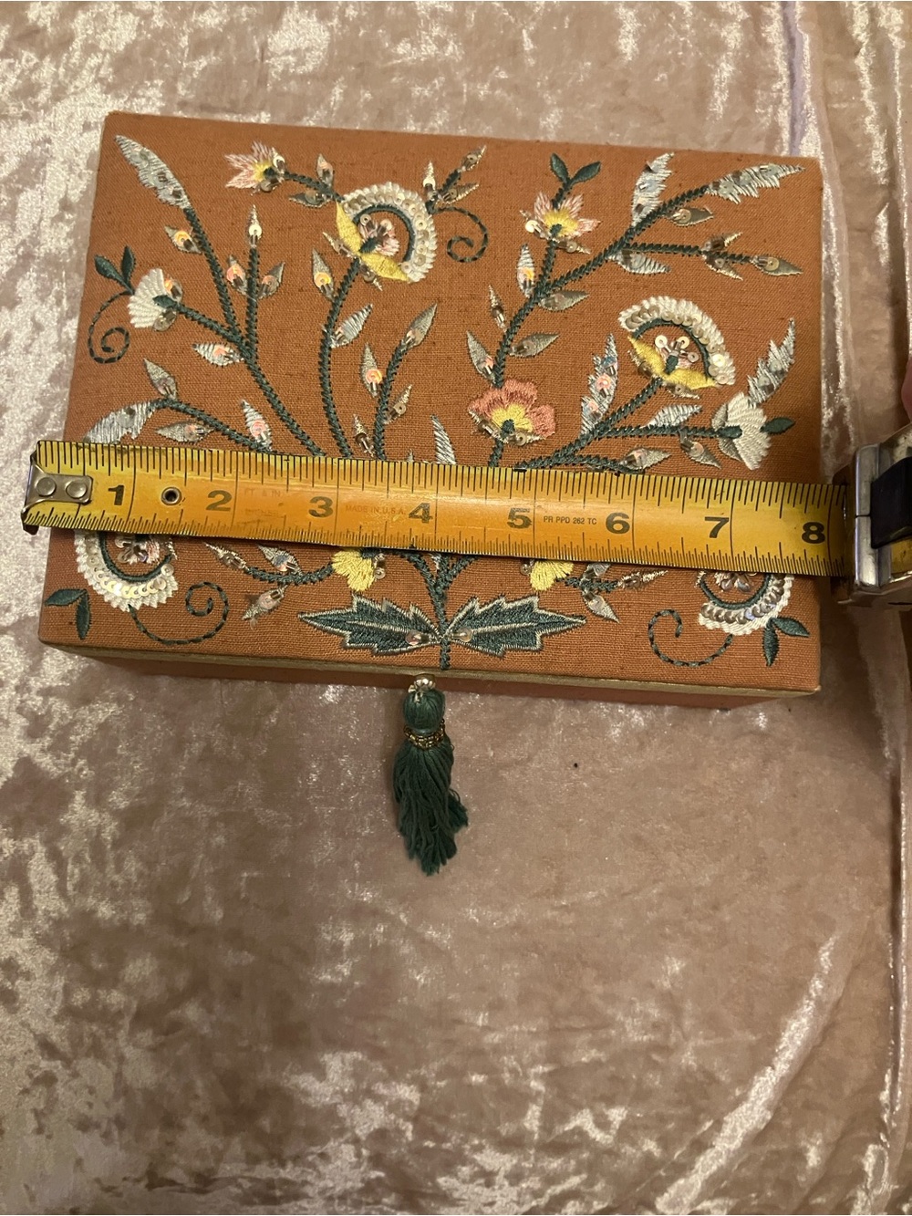 Embroidered boho Floral Jewelry Box in Burnt Orange with Green Tassel - Picture 4 of 7